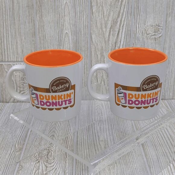 Lot of 2 Dunkin Donuts White Orange Interior Bakery Series Mugs Coffee Tea - Picture 3 of 6